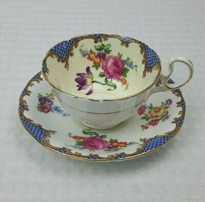 Aynsley Bone China Tea Cup Saucer Blue Floral Gold Gilt Vintage
