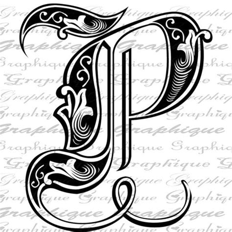 Letter Initial P Monogram Old Engraving Style Type By Graphique Chicano