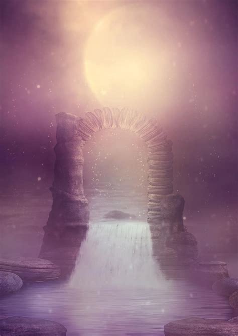 Fantasy Moon Arch Rock Sea Waterfall Archway Moonlight Mood