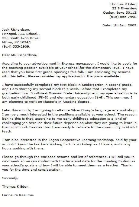First Year Teacher Cover Letter Cover Letter Sample For Job Application