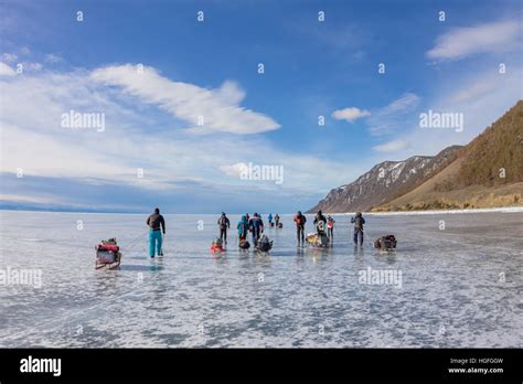 Lake Baikal Russia March 24 2016 Group Of Tourists Adults And