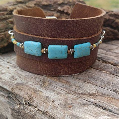 Amazon Com Turquoise Beaded Adjustable Brown Leather Cuff Bracelet