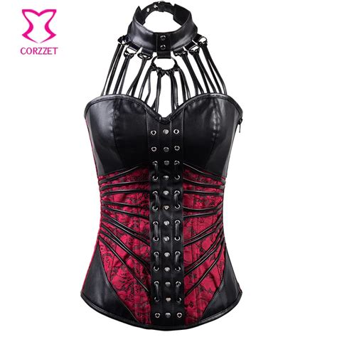 Red Floral Brocade And Black Leather Steampunk Corset Gothic Espartilhos E Corpetes Corsets And