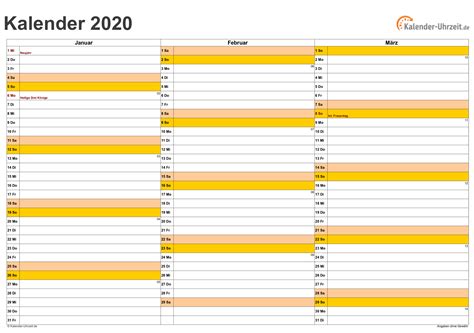Excel Vorlage Kalender 2020 Zum Ausdrucken Kostenlos