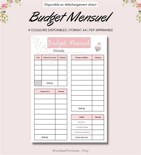 Template Fiches Budget Mensuel Imprimable Template PDF A4 Etsy