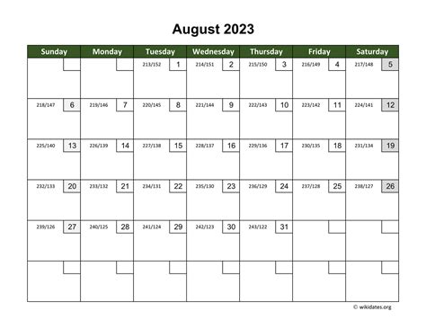 August 2023 Calendar With Day Numbers