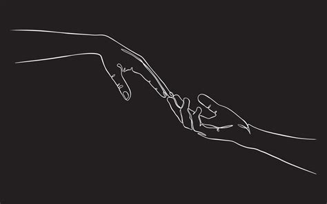 Two Hands Reaching Out One Contiguous Line In A Black Background Vector