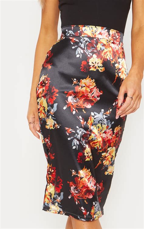 Black Satin Floral Print Pencil Skirt Prettylittlething Ca