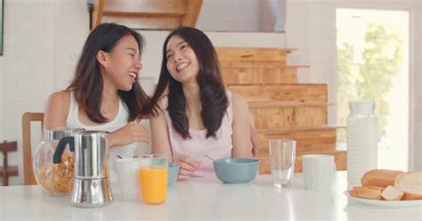 Asian Lesbian Lgbtq Women Couple Have Breakfast At Home Stock Video Envato Elements