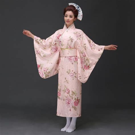 Pink Japanese Women Silk Satin Kimono Yukata With Obi Vintage Evening Dress Performance Dance
