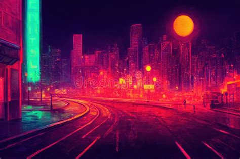 Cyberpunk Neon City Night Futuristic City Scene In A Style Of Pixel