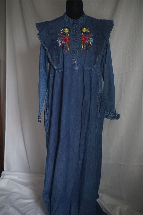 Denim Embroidered Maxi Dress Etsy