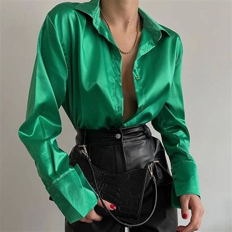 Y2k Satin Blouse Satin Shirt Y2k Clothing Button Up Shirt Etsy Green Silk Shirt Casual
