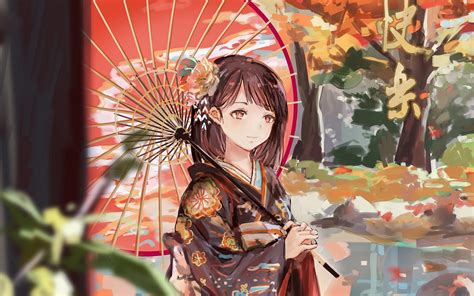 Download Wallpaper 1680x1050 Girl Umbrella Anime Kimono Garden Autumn Widescreen 1610 Hd