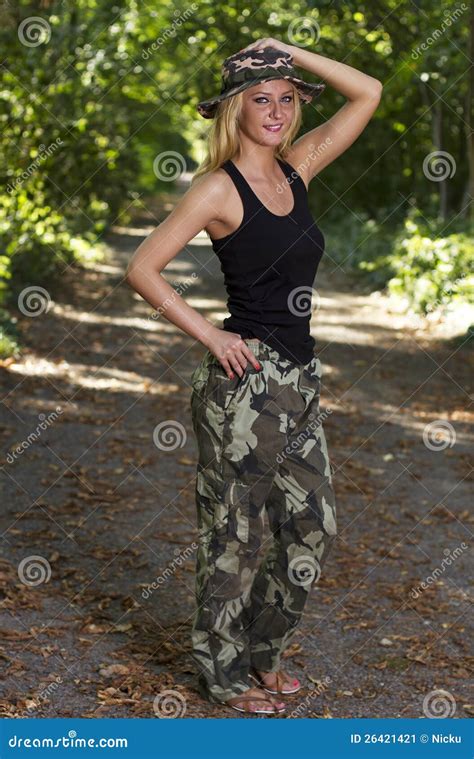 Blonde Young Woman In Camouflage Stock Image Image 26421421