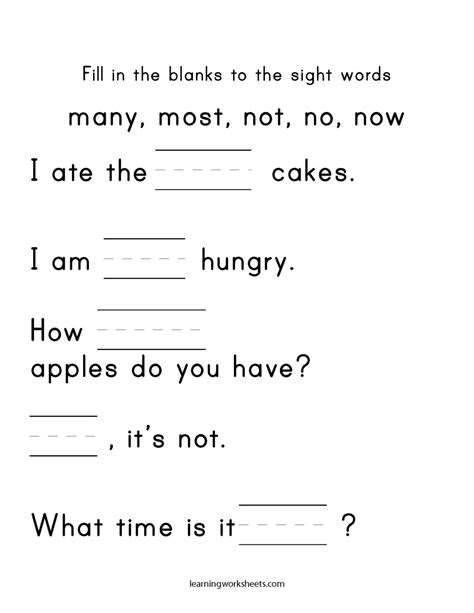 Fill In The Blanks To The Sight Words Many Most Not No Now