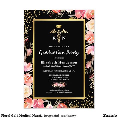 Floral Gold Nursing School Graduation Invitation Zazzle Graduation