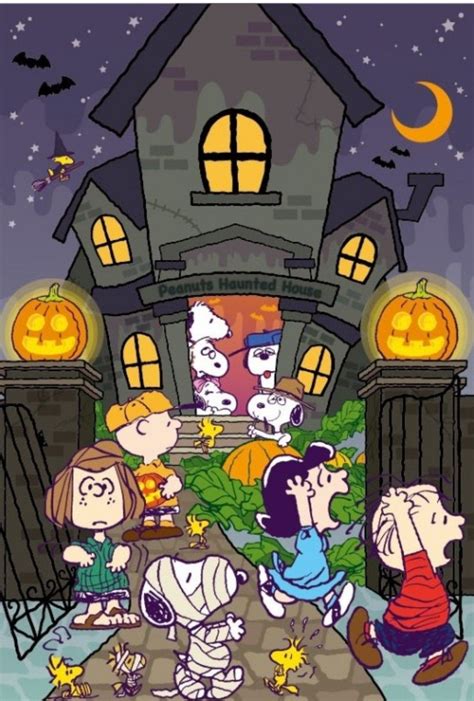 The Peanuts Gang In Front Of A Halloween House