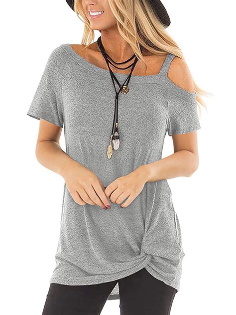 Selfieee Selfieee Womens Cold Shoulder Tops Short Sleeve Casual Knot Front T Shirt 20029 Gray
