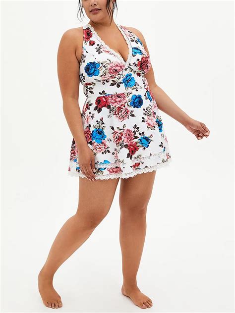 Floral V Neck Lace Trim Swim Dress