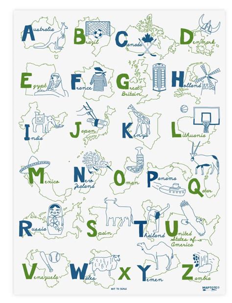 Alphabet Poster Countries Around The World Blue Green 37 00