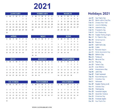 2021 Year At A Glance Printable Calendar