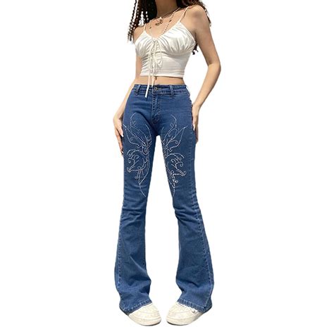 Xingqing Y2k Butterfly Rhinestone Printed Flared Jeans Women Low Waist