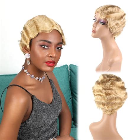 Short Pixie Cut Wig 1920s Finger Wave Human Hair Wig None Lace Wigs