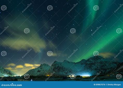 Picturesque Unique Nothern Lights Aurora Borealis Over Lofoten Stock