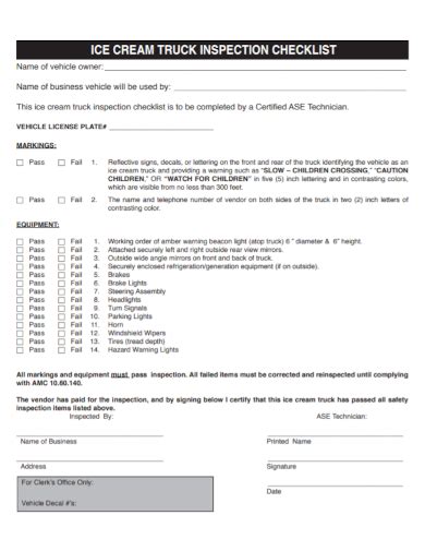 Free Truck Inspection Checklist Samples Food Fire Safety