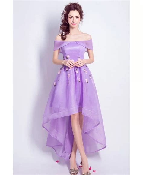 purple high low prom dress off the shoulder with florals agp18419