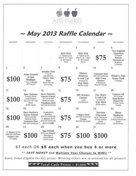 Monthly Lottery Calendar Fundraiser Calendar Blank Calendar Template