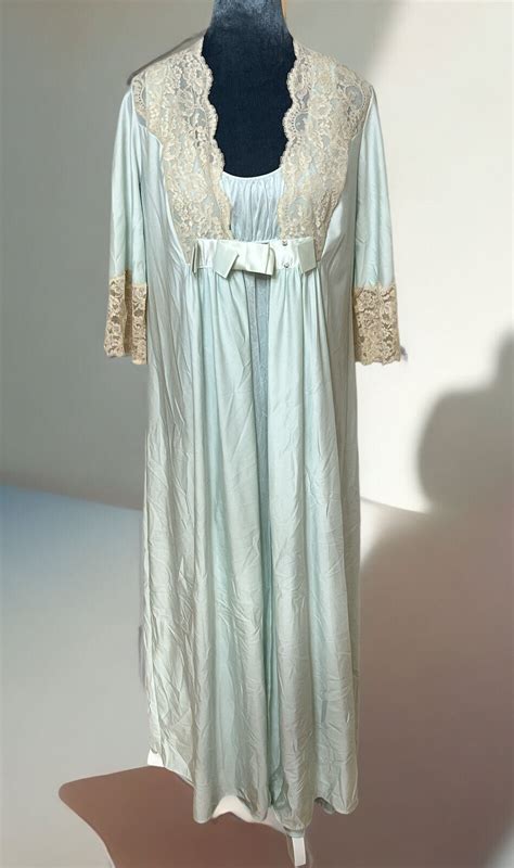 Vintage S Nylon Lace Peignoir Nightgown Robe Set Lingerie Lt Aqua