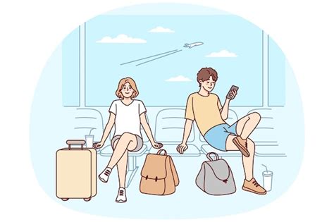 Premium Vector Happy Couple With Suitcases Sitting In Airport Ready For Summer Vacation