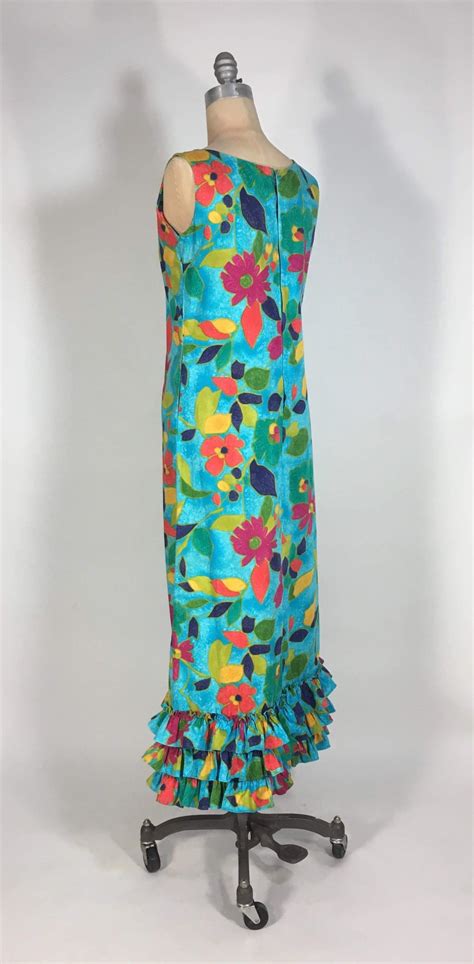 60s Hawaiian Floral Print Cotton Maxi Dress With Ruffle Hem By The