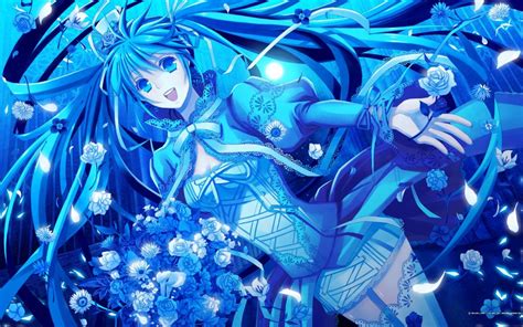 Blue Vocaloid Dress Flowers Hatsune Miku Blue Eyes Moon Long Hair