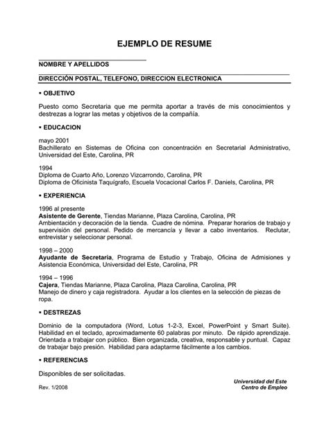 Ejemplo De Un Resume En Espanol