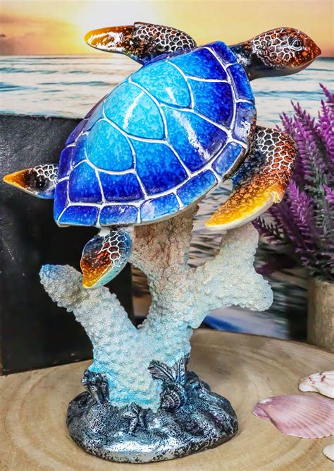 Nautical Ocean Blue Giant Sea Turtle Swimming By White Corals Figurine