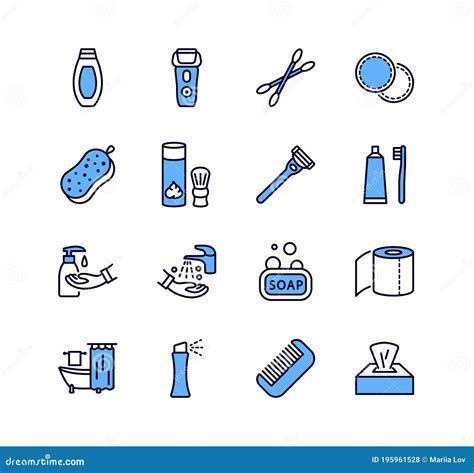 Personal Hygiene Products Vector Flat Line Icon Set Blue Color