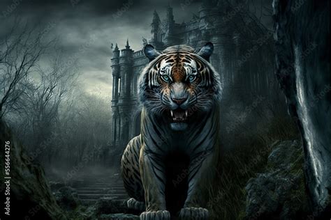 Predatory Wild Animals Scary Background In The Dark Tiger Stock