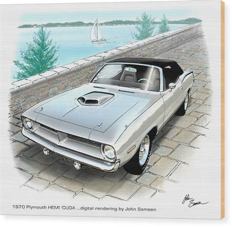 1970 Hemi Cuda Plymouth Muscle Car Sketch Rendering Painting By John Samsen
