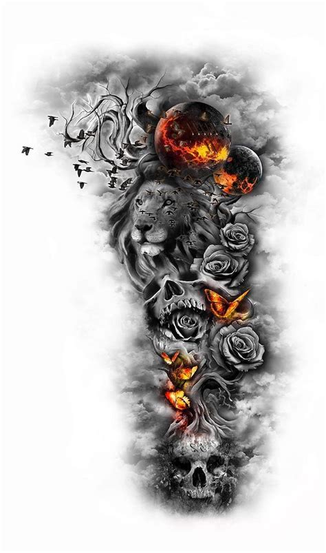 Forearm Sleeve Tattoo Lion Skulls Planets Butterflies Roses Black And