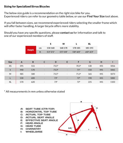 Specialized Size Chart Road Bike