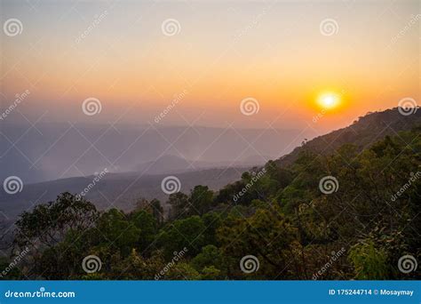 Sunset At Yeab Mek Clift View Point Of Phu Kradueng Mountain Stock