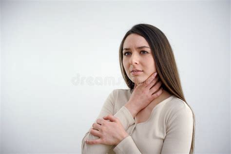 Sore Throat Closeup Of Beautiful Young Woman Hand Touching Her Ill