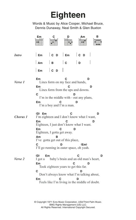 Eighteen Sheet Music Alice Cooper Guitar Chords Lyrics