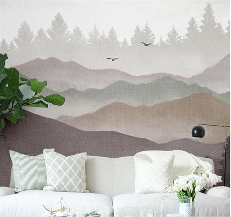 Ombre Mountains Mural Wallpaper Geometry Mountain With Trees Etsy