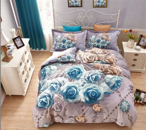 3D Blue Rose Flower Bedding Set Floral Queen Size Romantic Quilt Duvet