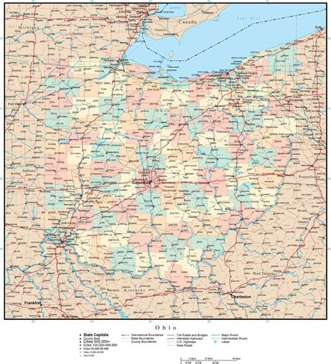 Ohio Adobe Illustrator Map With Counties Cities County Seats Major Roads