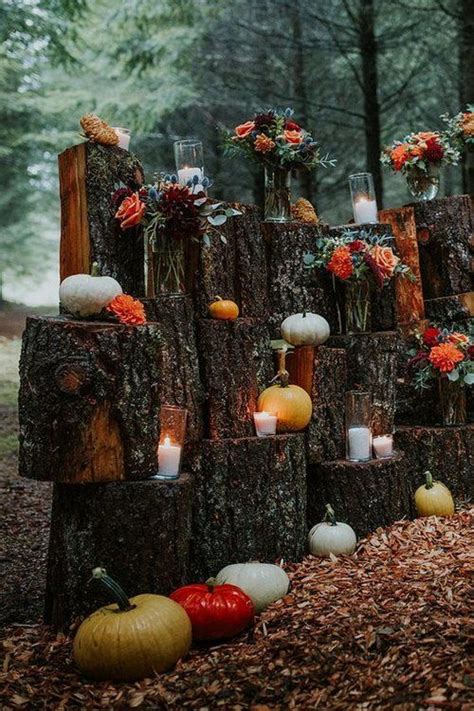 Pumpkins And Candles Are Arranged On Logs In The Woods For An Outdoor